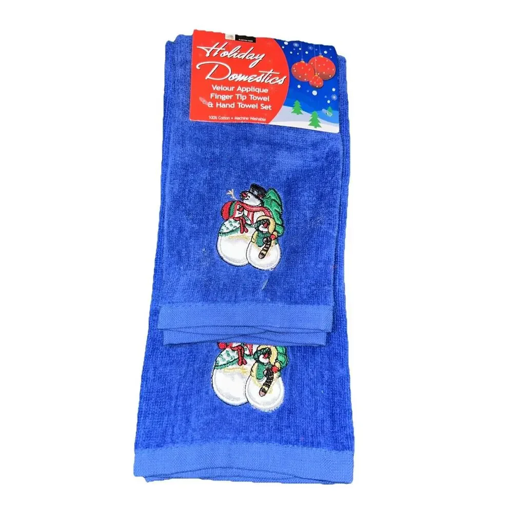 Holiday Domestics Snowman Christmas Tea Towel‎ Set Velour Appliqué Royal Blue